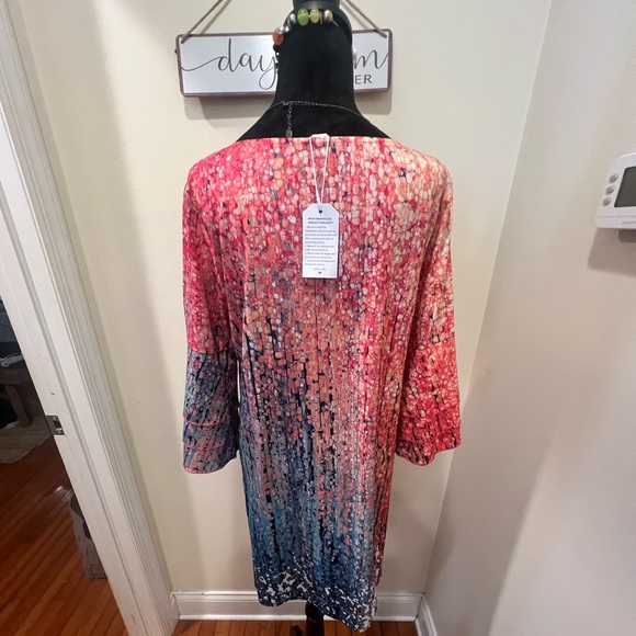 Ombre Bell Sleeve Dress V Neck Pink Teal Abstract Sz L NWT - Picture 2 of 9